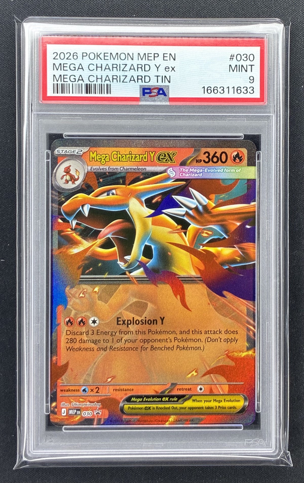 2026 Pokémon Mega Charizard Y ex 030 English Black Star Promo Mega Charizard Tin card graded PSA 10 GEM MINT.