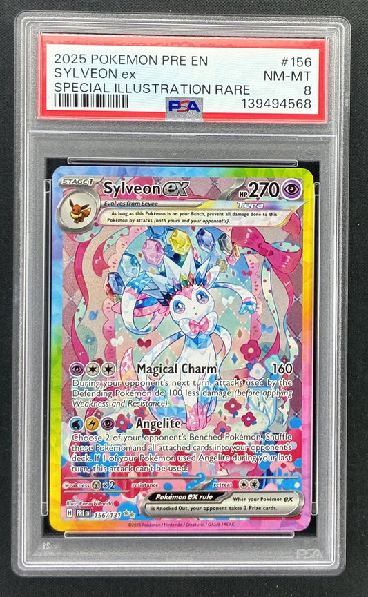 2025 Pokémon Prismatic Evolutions Sylveon ex 156/131 Special Illustration Rare English card graded PSA 8 NM-MT.