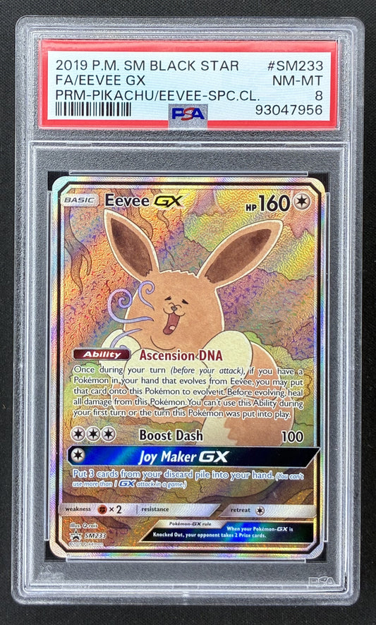 2019 Pokémon Eevee GX SM233 Full Art Sun & Moon Black Star Promo PSA 8 NM-MT graded card.