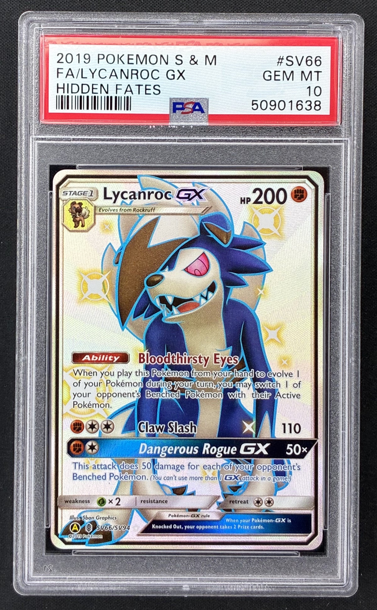 2019 Pokémon Hidden Fates Shiny Vault Lycanroc GX SV66/SV94 Full Art PSA 10 GEM MINT graded card.