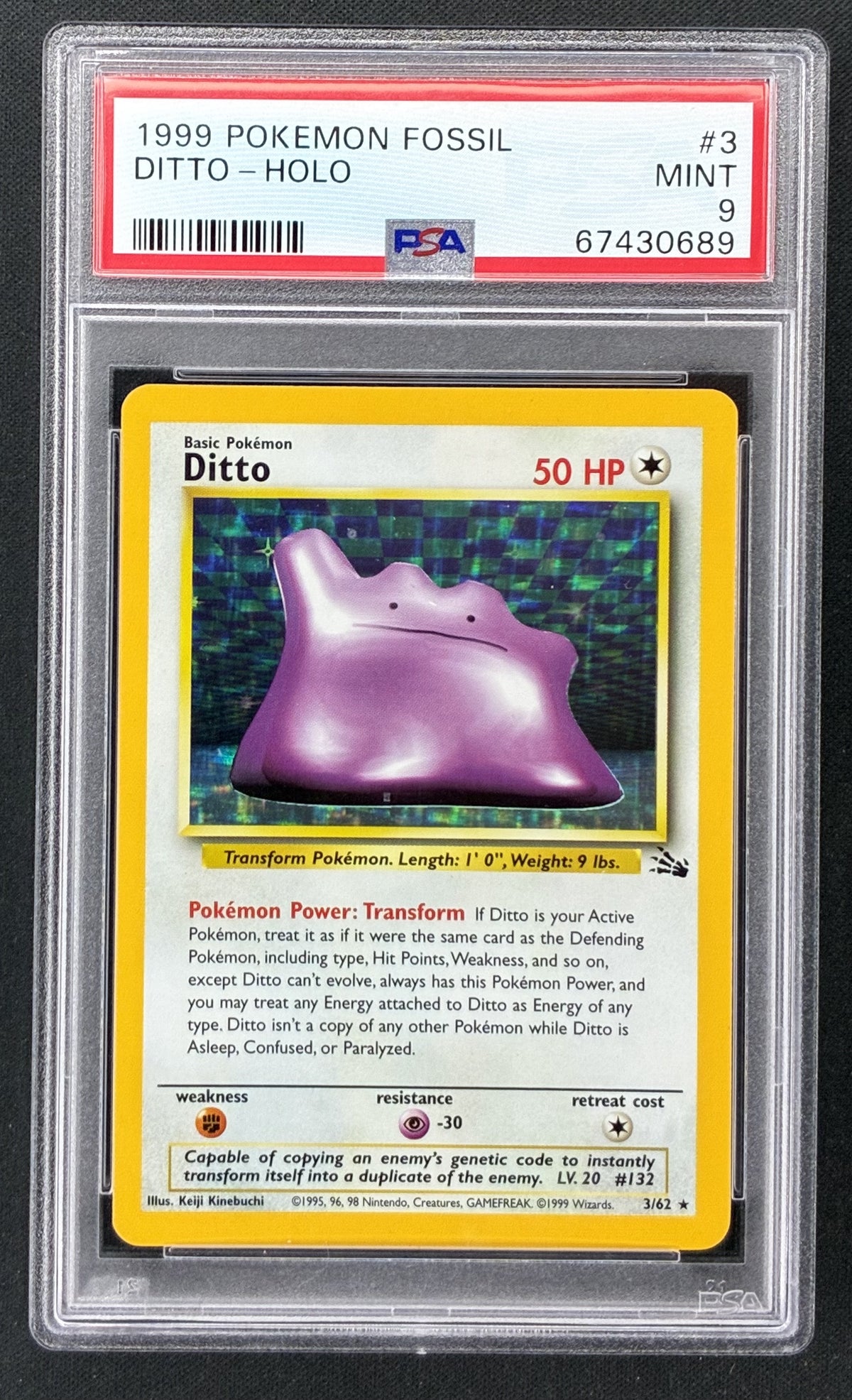 1999 Pokémon Fossil Ditto 3/62 Rare Holo Unlimited PSA 9 MINT vintage WOTC graded card.