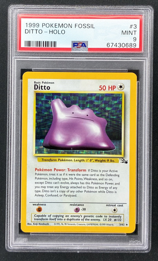 1999 Pokémon Fossil Ditto 3/62 Rare Holo Unlimited PSA 9 MINT vintage WOTC graded card.