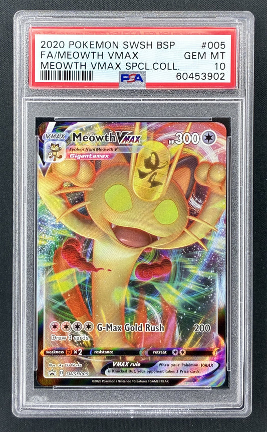 2020 Pokémon Meowth VMAX SWSH005 Sword & Shield Black Star Promo PSA 10 GEM MINT graded card.