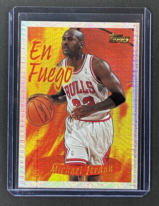 1996-97 Topps Michael Jordan Season’s Best En Fuego #1 prismatic Chicago Bulls basketball insert card.