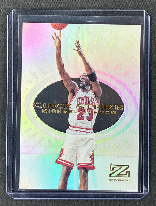 1997-98 SkyBox Z-Force Michael Jordan Quick Strike #5QS rare holofoil clear-stock Chicago Bulls insert card.
