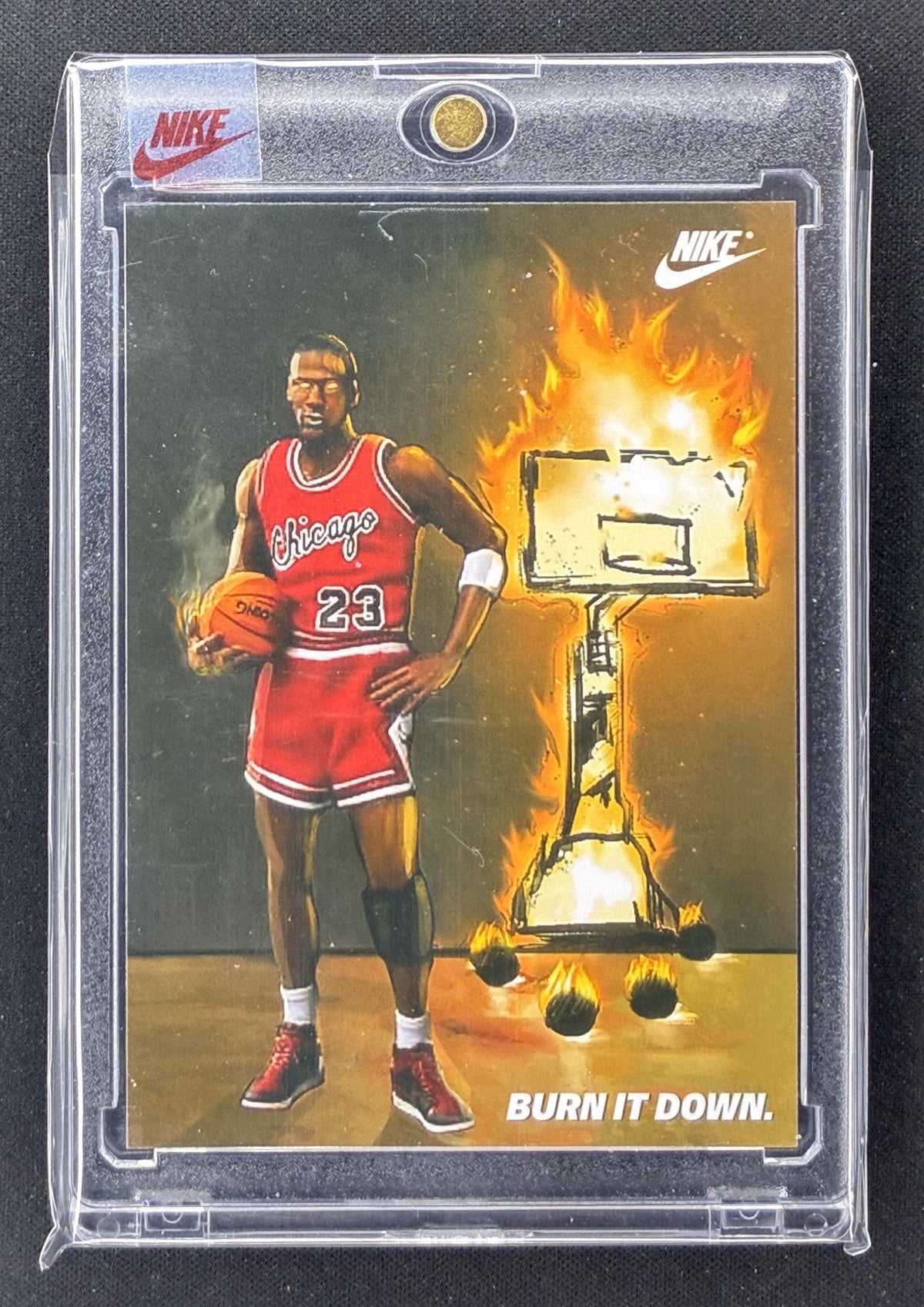 1985 Nike Michael Jordan promotional basketball Sport Card sealed in Burn It Down presentation.