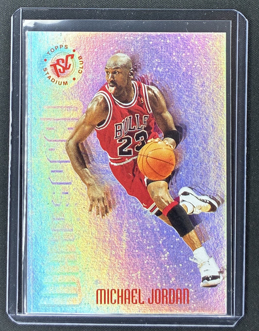 1995-96 Topps Stadium Club Michael Jordan Warp Speed #WS1 silver foil Chicago Bulls basketball insert card.