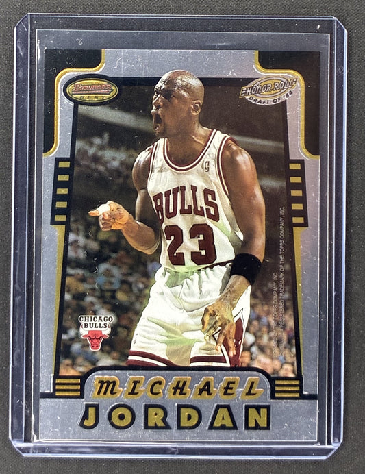 1996-97 Bowman's Best Honor Roll #HR2 Michael Jordan Chicago Bulls and Hakeem Olajuwon Houston Rockets insert card.