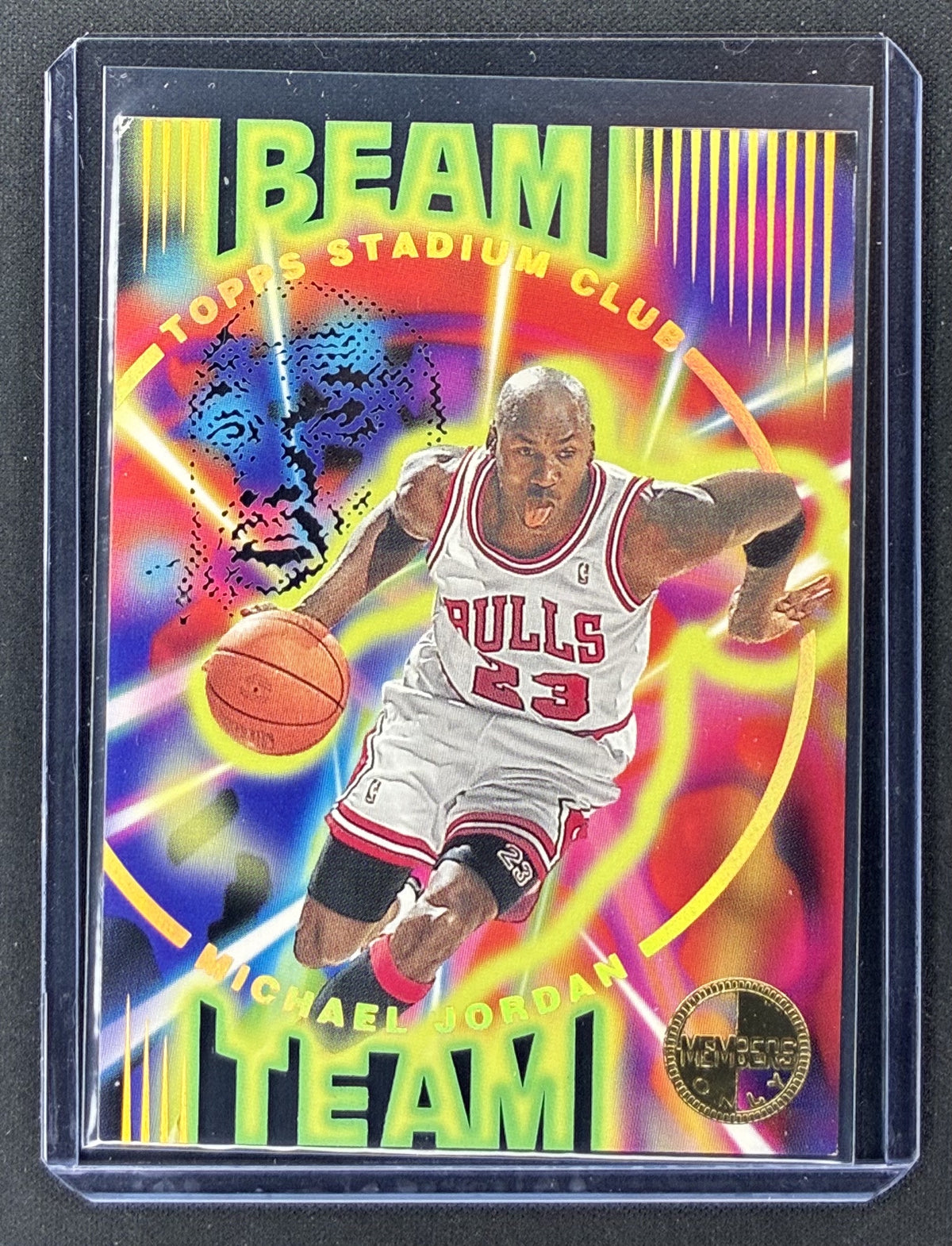 1995-96 Topps Stadium Club Michael Jordan Beam Team #B14 Members Only die-cut Chicago Bulls card with top-left corner damage.