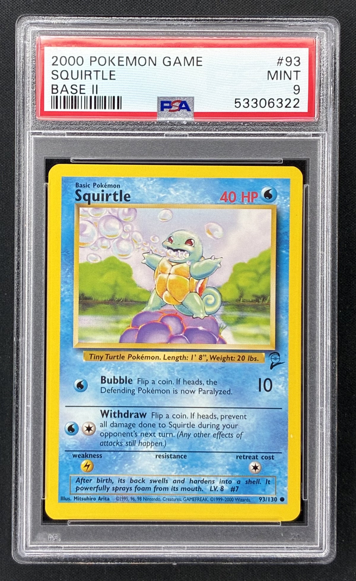 2000 Pokémon Base Set 2 Squirtle 93/130 PSA 9 MINT vintage WOTC graded card.