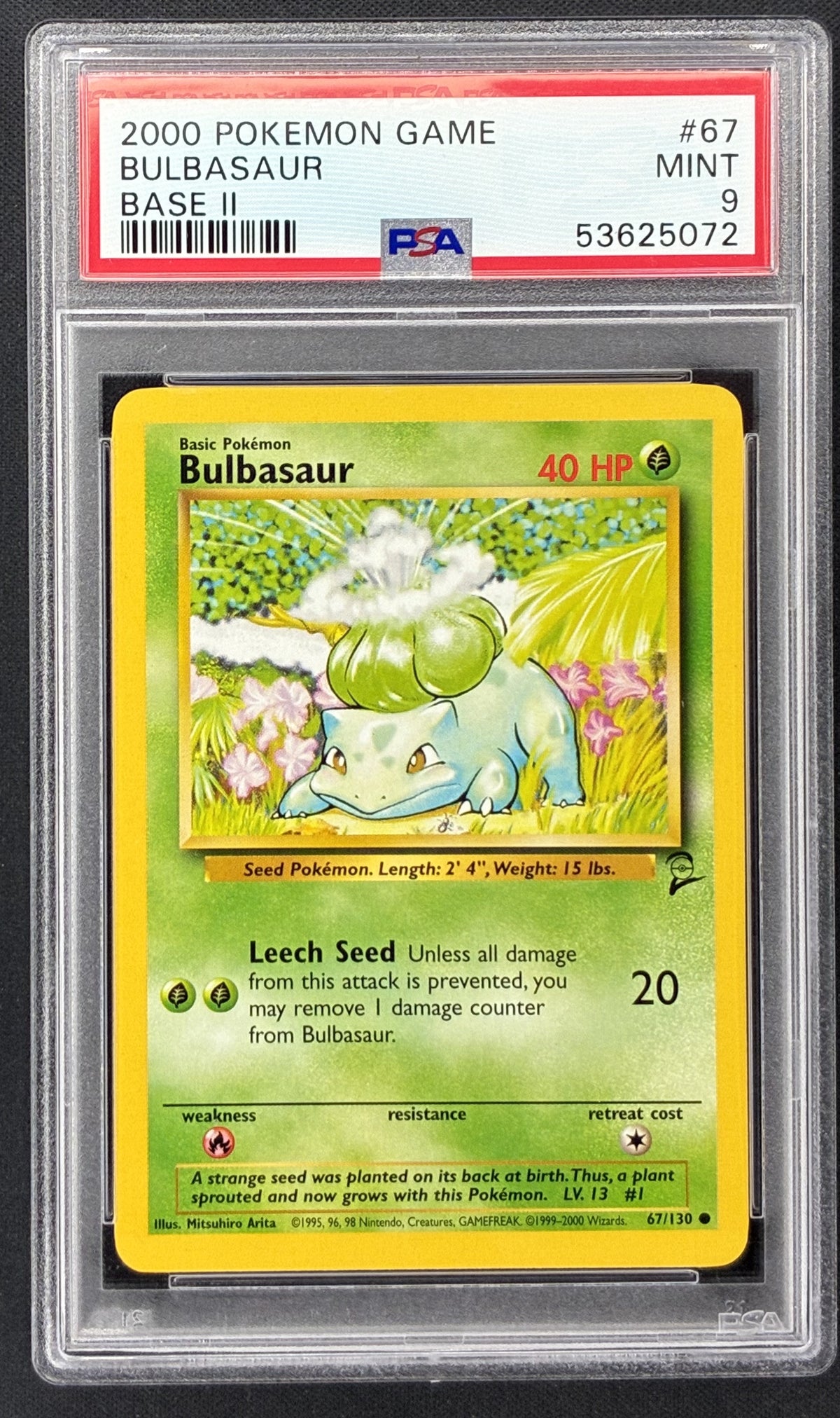 2000 Pokémon Base Set 2 Bulbasaur 67/130 PSA 9 MINT vintage WOTC graded card.