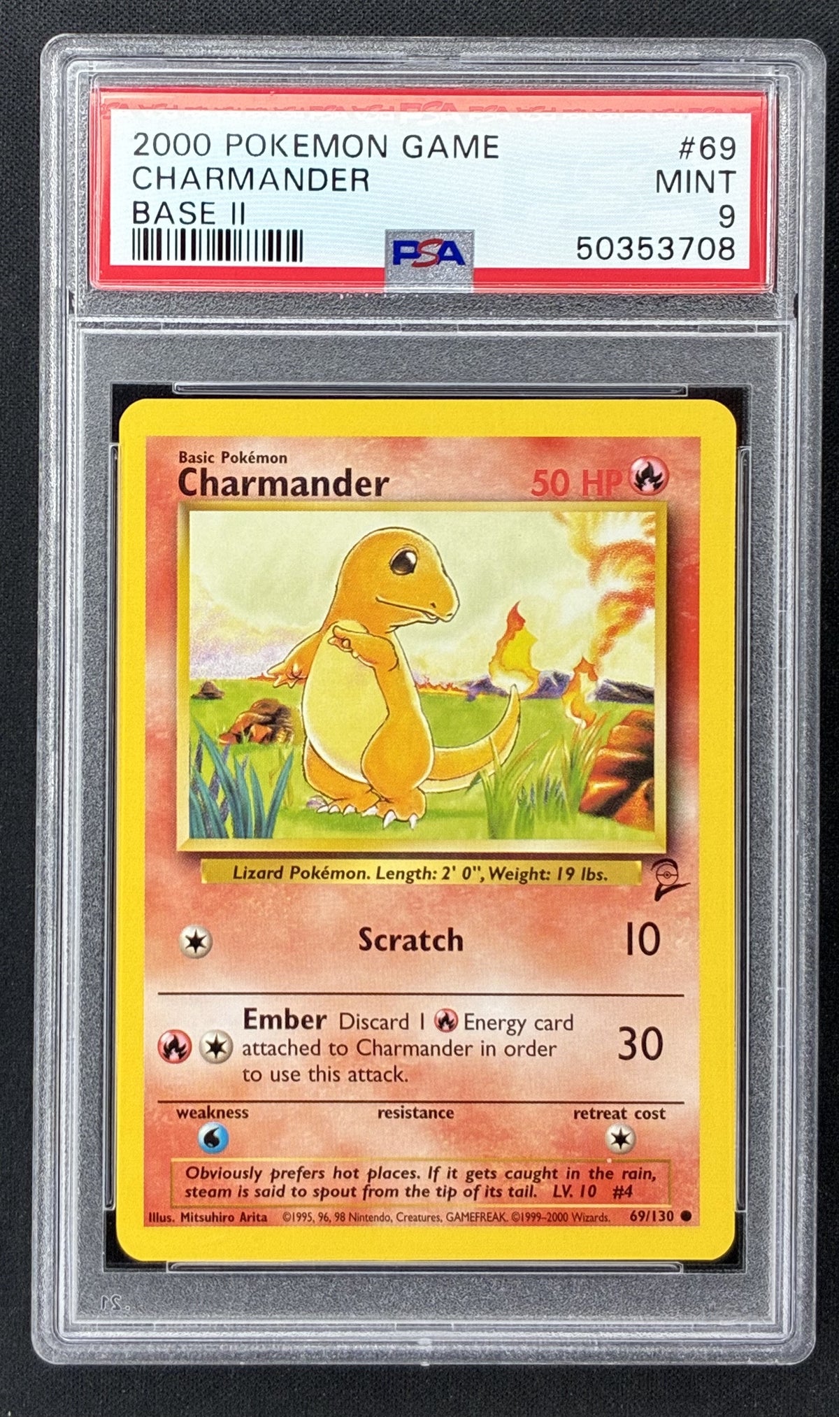 2000 Pokémon Base Set 2 Charmander 69/130 PSA 9 MINT vintage WOTC graded card.