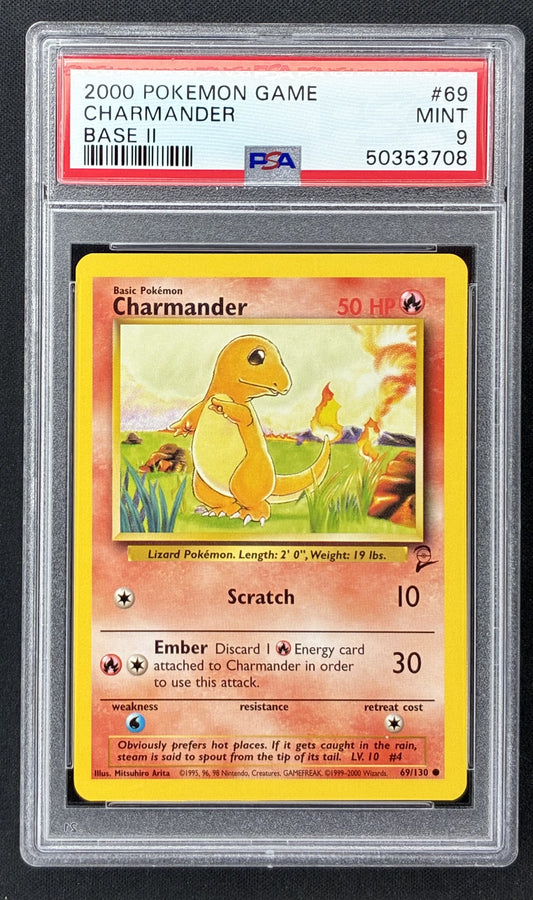 2000 Pokémon Base Set 2 Charmander 69/130 PSA 9 MINT vintage WOTC graded card.