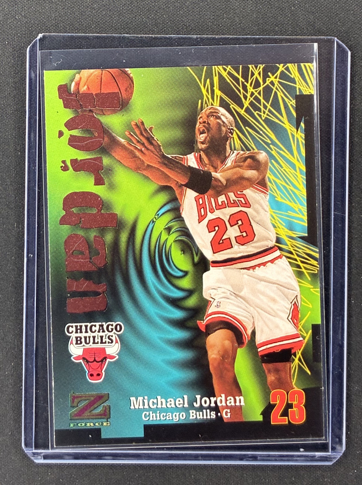1997-98 SkyBox Z-Force Michael Jordan #23 Chicago Bulls basketball trading card.