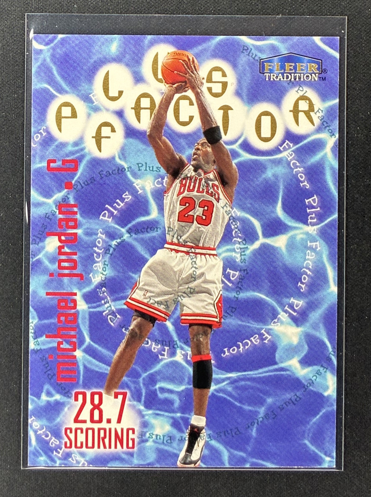 1998-99 Fleer Tradition Michael Jordan Plus Factor #142 Chicago Bulls basketball card.