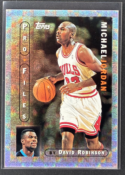 1996-97 Topps Michael Jordan Pro Files #PF3 prismatic foil Chicago Bulls basketball card.