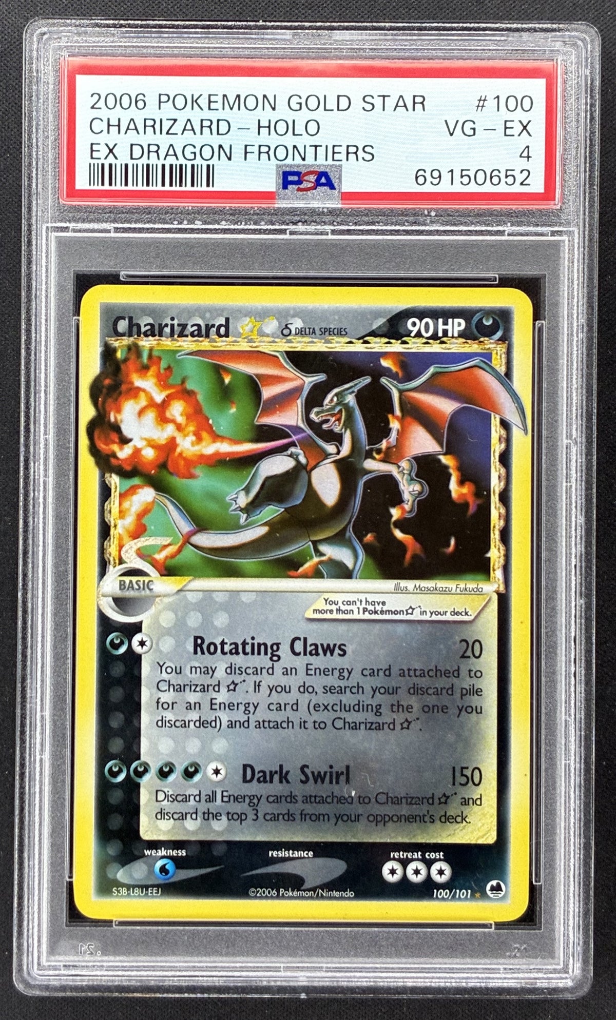 2006 Pokémon EX Dragon Frontiers Charizard Gold Star #100/101 Holo PSA 4 VG-EX trading card.