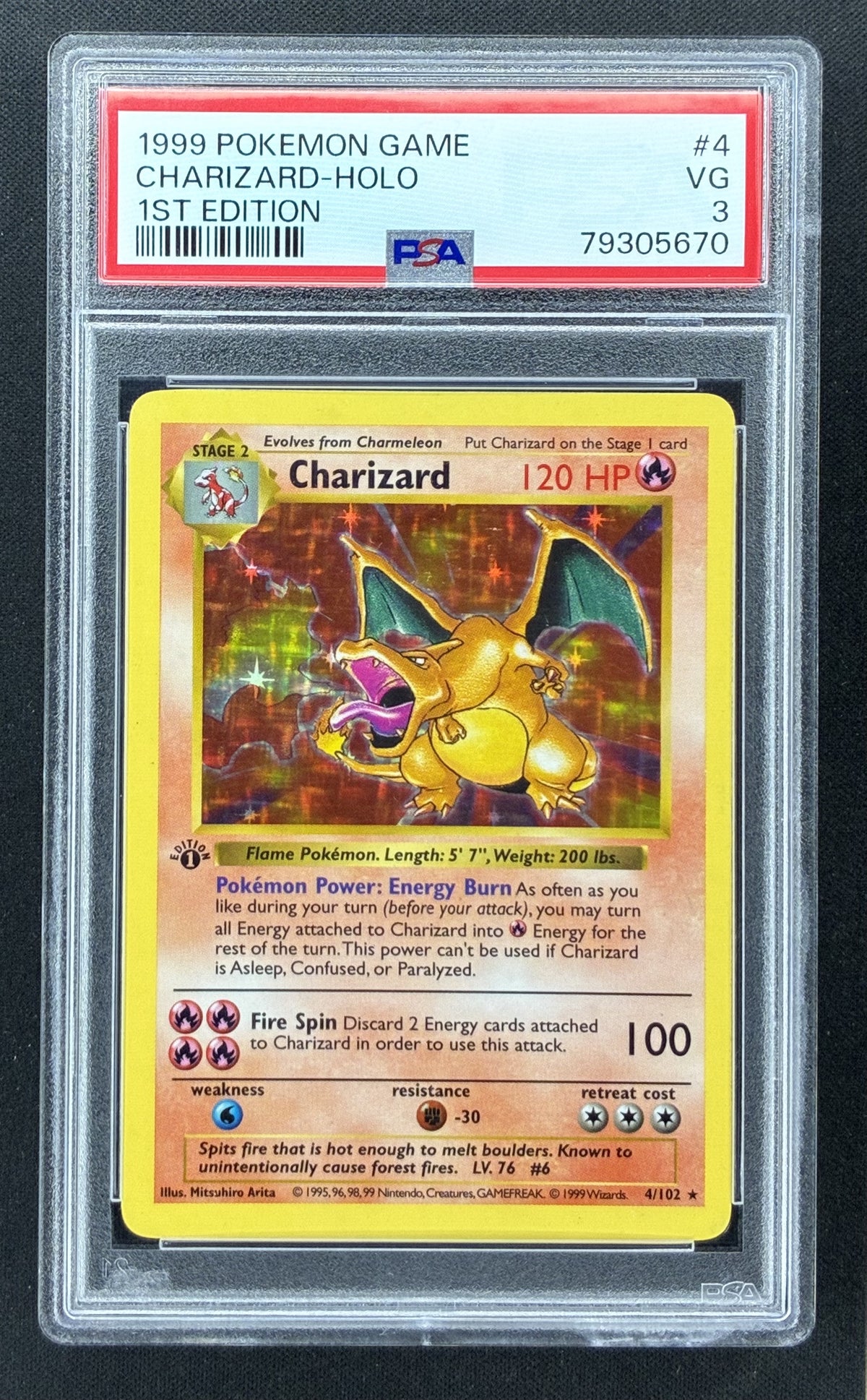 1999 Pokémon Base Set Charizard Holo #4/102 1st Edition Shadowless PSA 3 VG trading card.