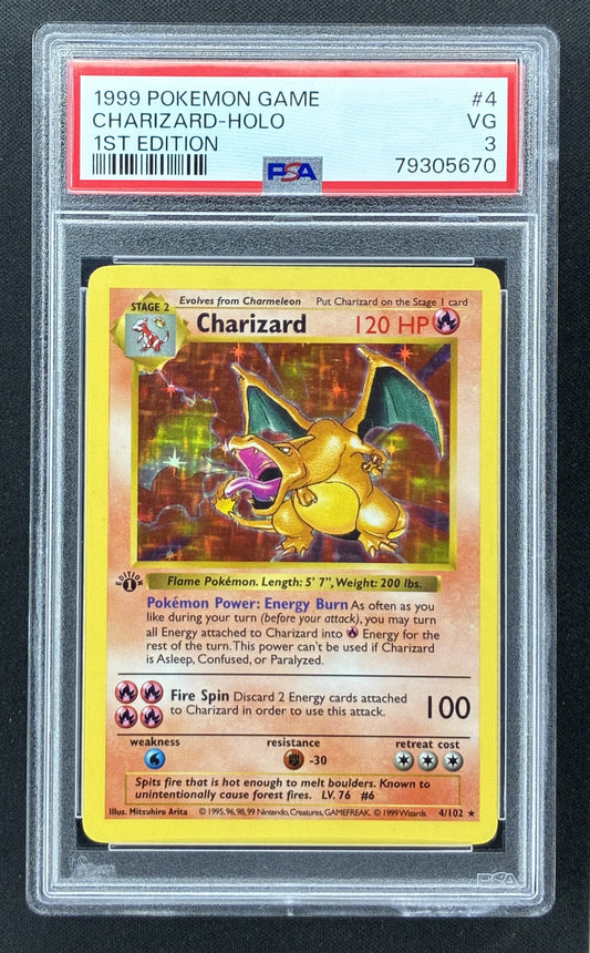 1999 Pokémon Base Set Charizard Holo #4/102 1st Edition Shadowless PSA 3 VG trading card.