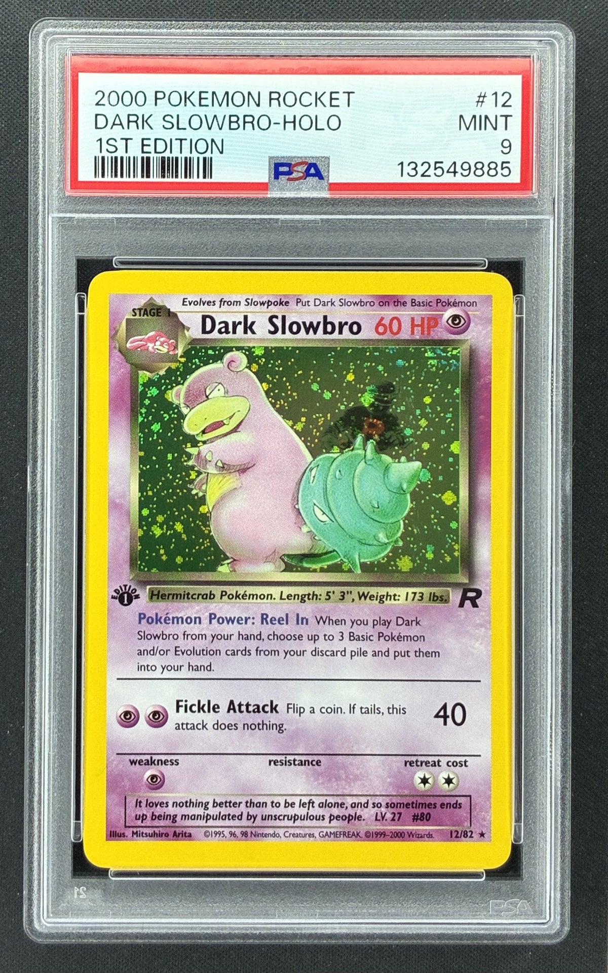 2000 Pokémon Team Rocket Dark Slowbro Holo #12/82 1st Edition PSA 9 Mint trading card.