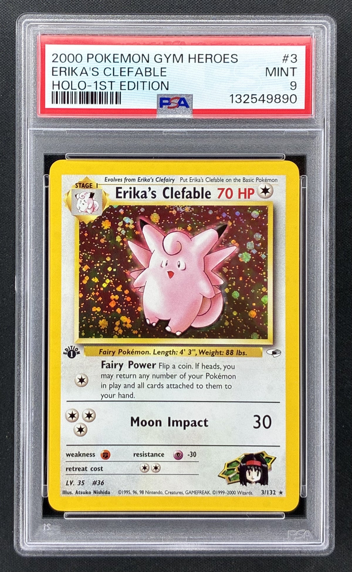 2000 Pokémon Gym Heroes Erika's Clefable Holo #3/132 1st Edition PSA 9 Mint trading card.