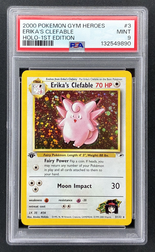 2000 Pokémon Gym Heroes Erika's Clefable Holo #3/132 1st Edition PSA 9 Mint trading card.