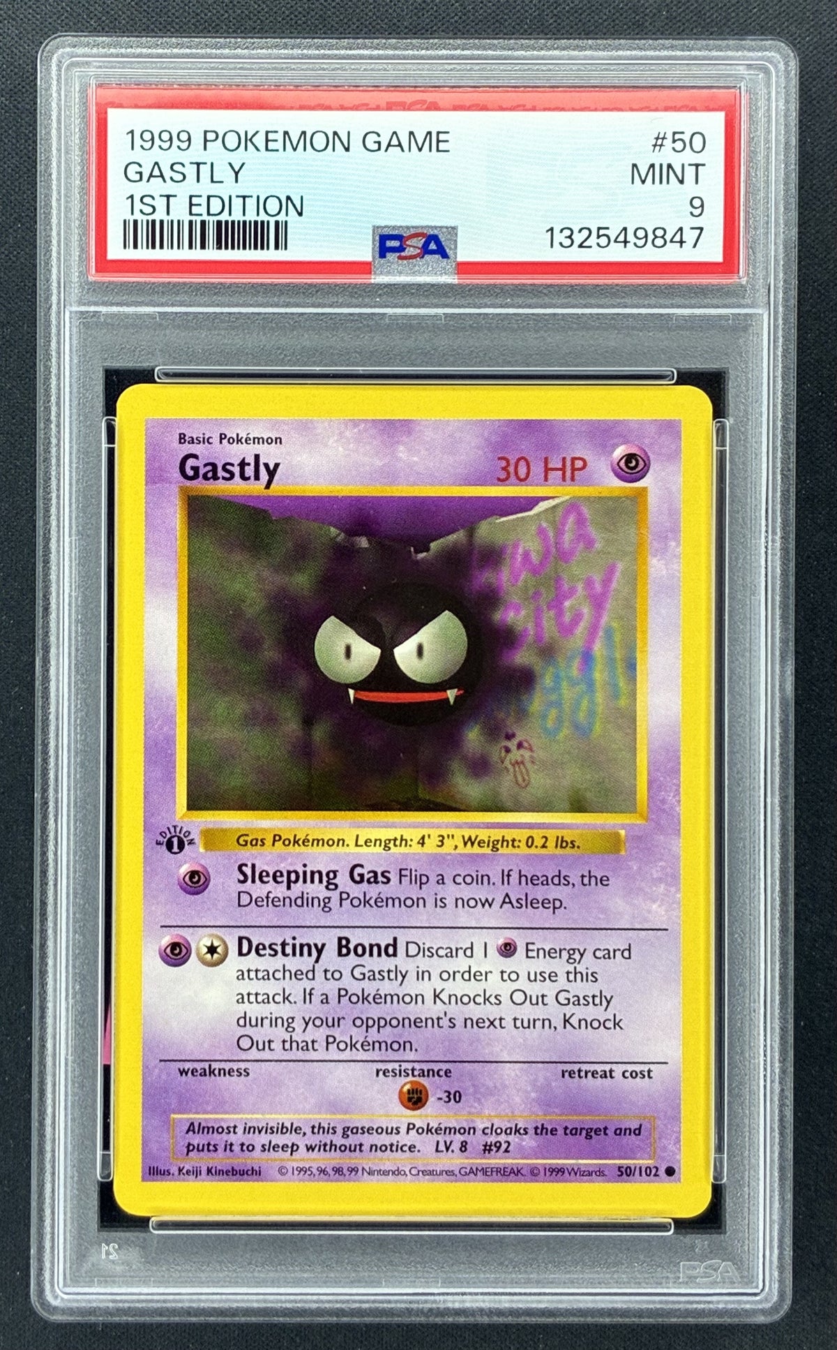 1999 Pokémon Base Set Gastly #50/102 1st Edition Shadowless PSA 9 Mint English trading card.