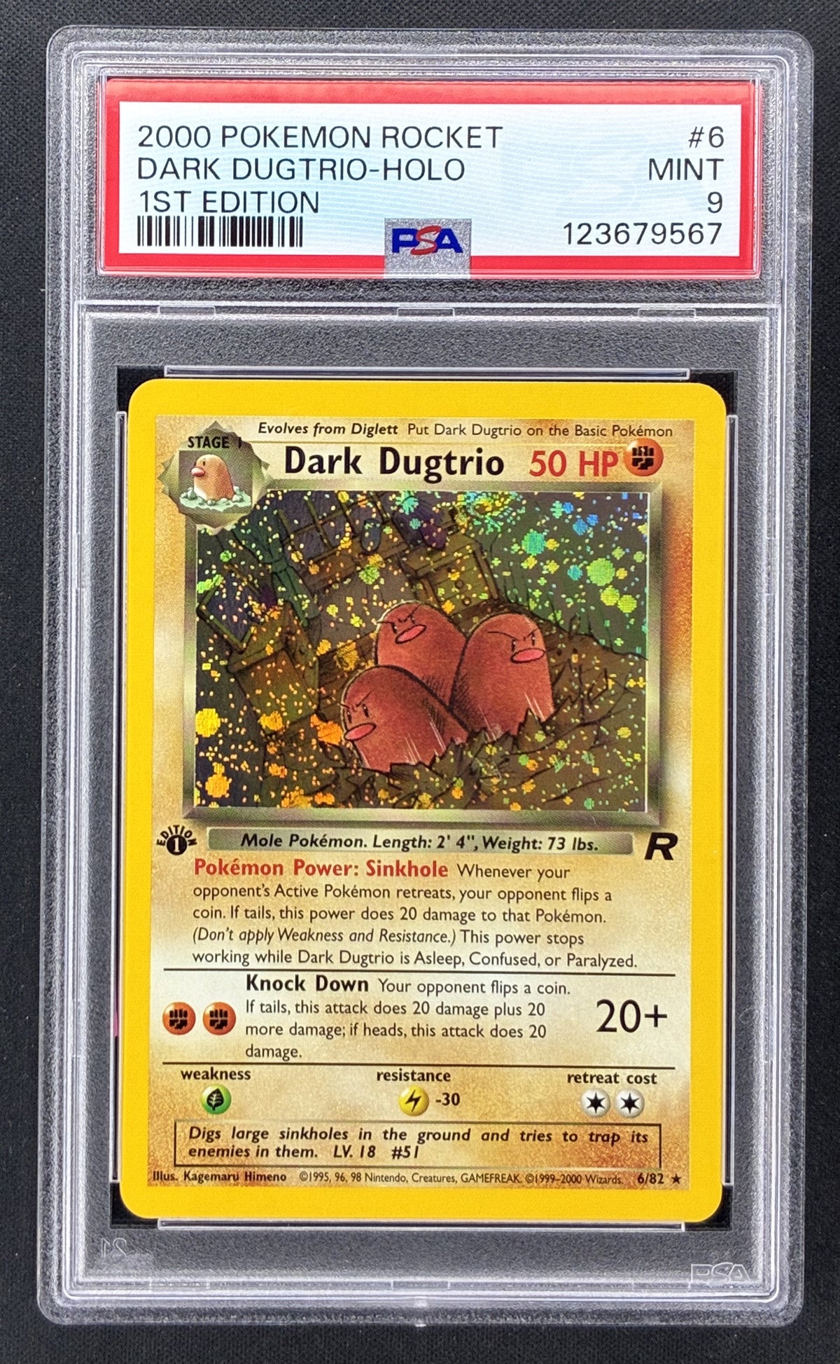 2000 Pokémon Team Rocket Dark Dugtrio Holo #6/82 1st Edition PSA 9 Mint trading card.