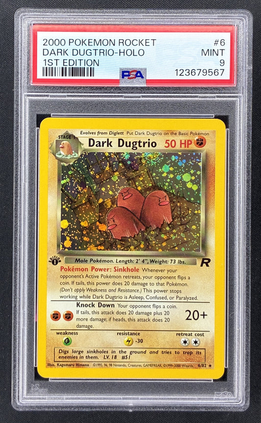 2000 Pokémon Team Rocket Dark Dugtrio Holo #6/82 1st Edition PSA 9 Mint trading card.