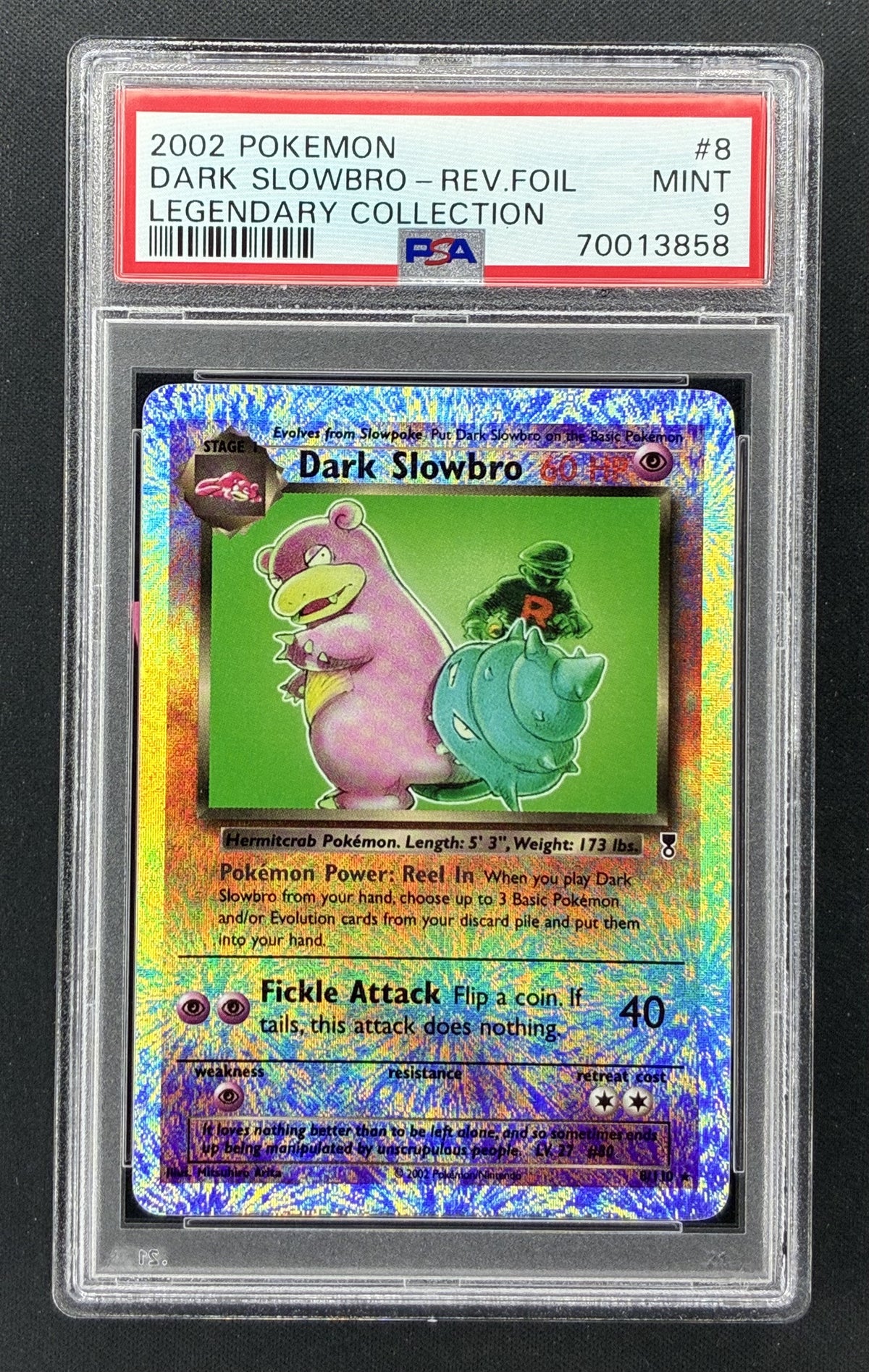 2002 Pokémon Legendary Collection Dark Slowbro Reverse Holo #8/110 PSA 9 Mint WOTC card.