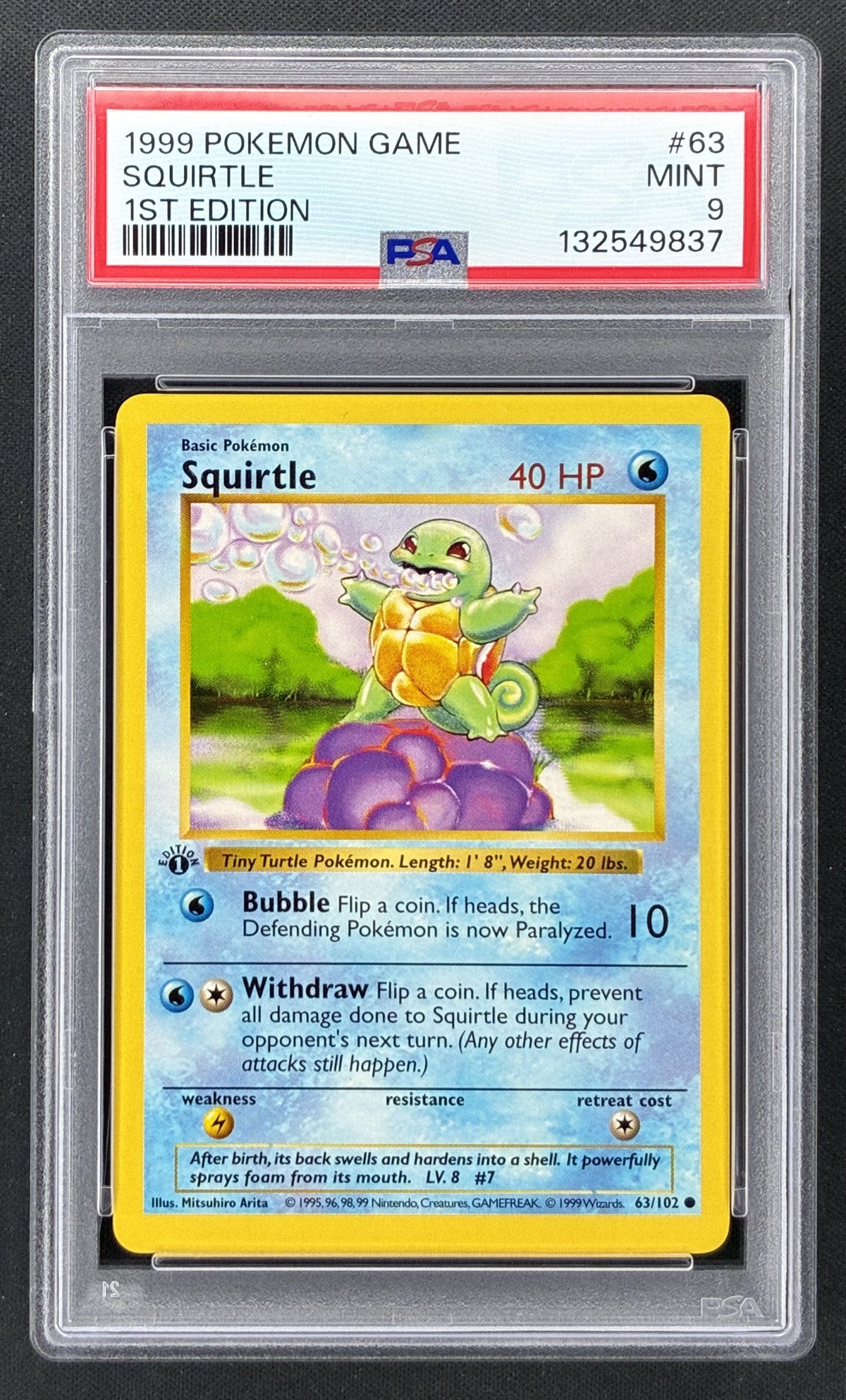 1999 Pokémon Base Set Squirtle #63/102 1st Edition PSA 9 Mint trading card.