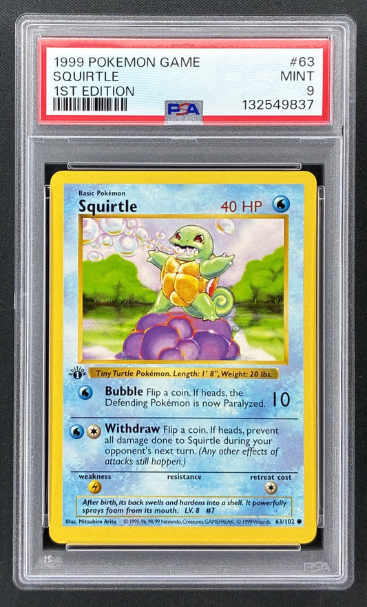 1999 Pokémon Base Set Squirtle #63/102 1st Edition PSA 9 Mint trading card.