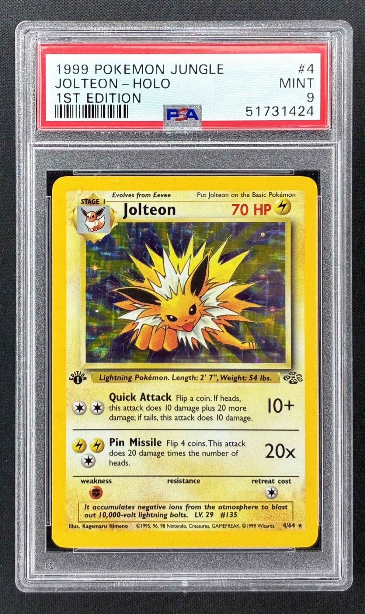 1999 Pokémon Jungle Jolteon Holo #4/64 1st Edition PSA 9 Mint trading card.
