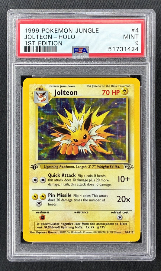 1999 Pokémon Jungle Jolteon Holo #4/64 1st Edition PSA 9 Mint trading card.