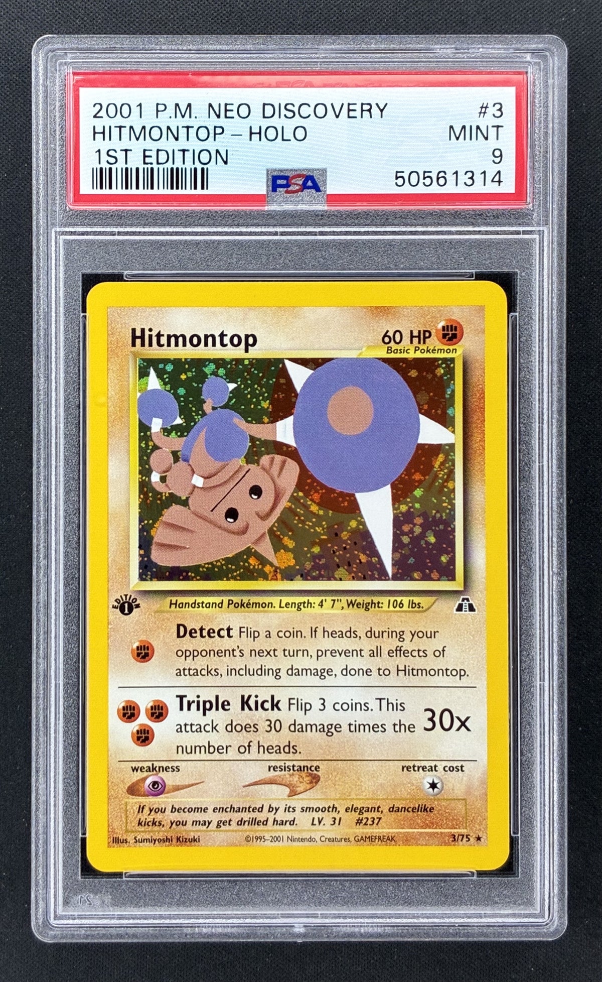 2001 Pokémon Neo Discovery Hitmontop Holo #3/75 1st Edition PSA 9 Mint with holo swirl.