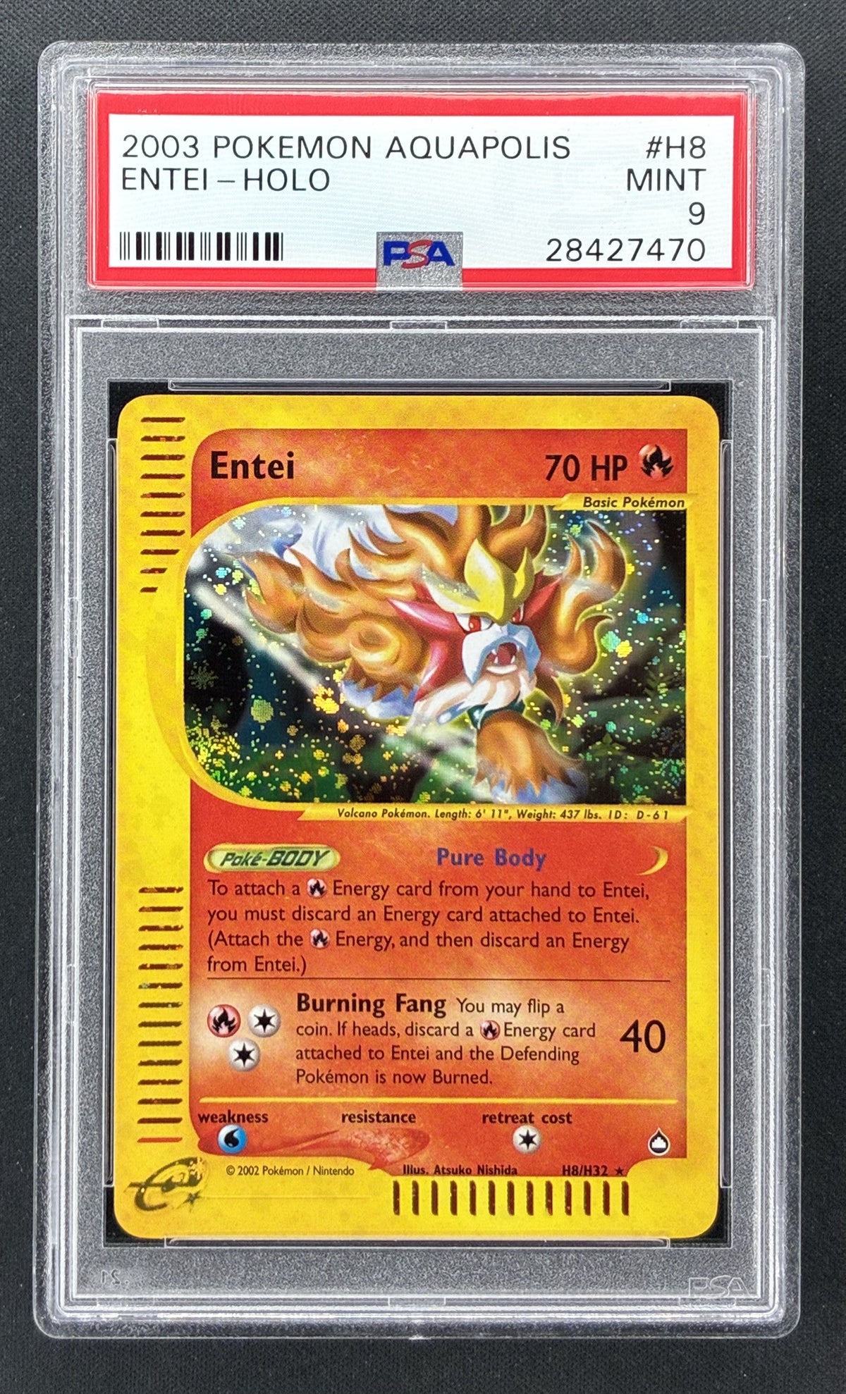2003 Pokémon Aquapolis Entei Holo Rare H8/H32 PSA 9 Mint e-Reader trading card.