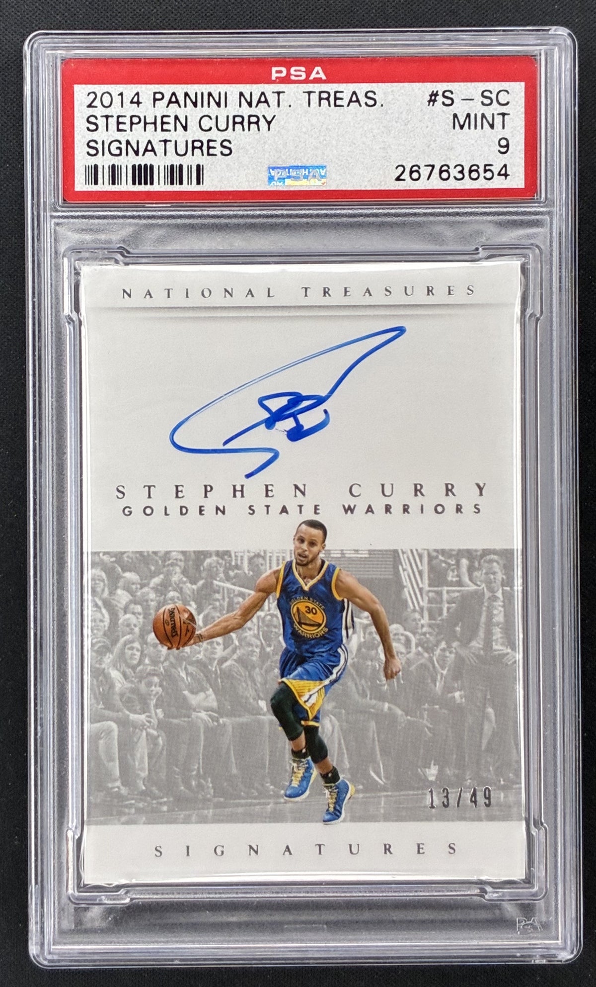 2014-15 Panini National Treasures Stephen Curry Signatures #S-SC /49 PSA 9 autograph Golden State Warriors basketball card.
