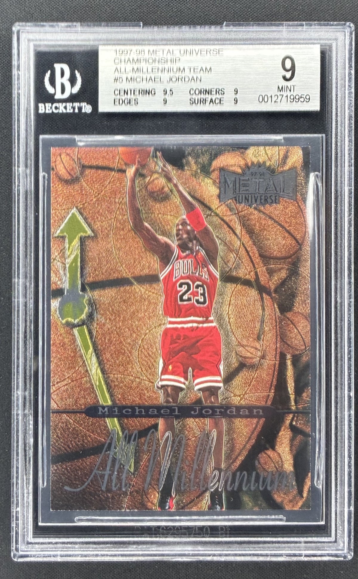 1997-98 Metal Universe Championship Michael Jordan All-Millennium Team #5 BGS 9 Mint Chicago Bulls basketball card.