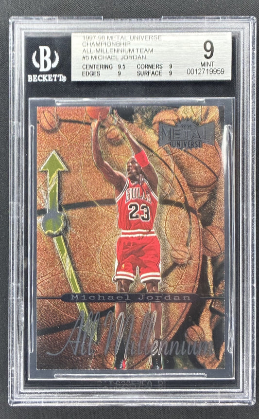 1997-98 Metal Universe Championship Michael Jordan All-Millennium Team #5 BGS 9 Mint Chicago Bulls basketball card.