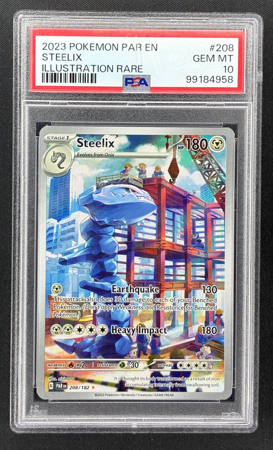 PSA 10 slab front — 2023 Pokémon Paradox Rift Steelix #208/182 Illustration Rare