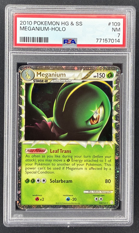 PSA 7 slab front — 2010 Pokémon HeartGold & SoulSilver Meganium Prime #109/123 Holo