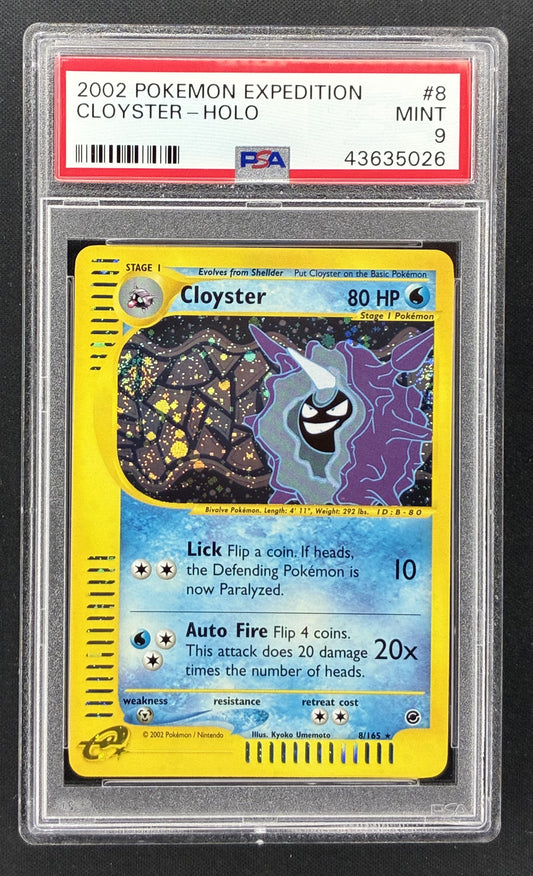 2002 Pokémon Expedition Base Set Cloyster #8/165 Holo PSA 9 Mint with visible holo swirl.