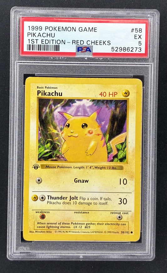 1999 Pokémon Base Set Pikachu Red Cheeks #58/102 1st Edition Shadowless PSA 5 EX card.