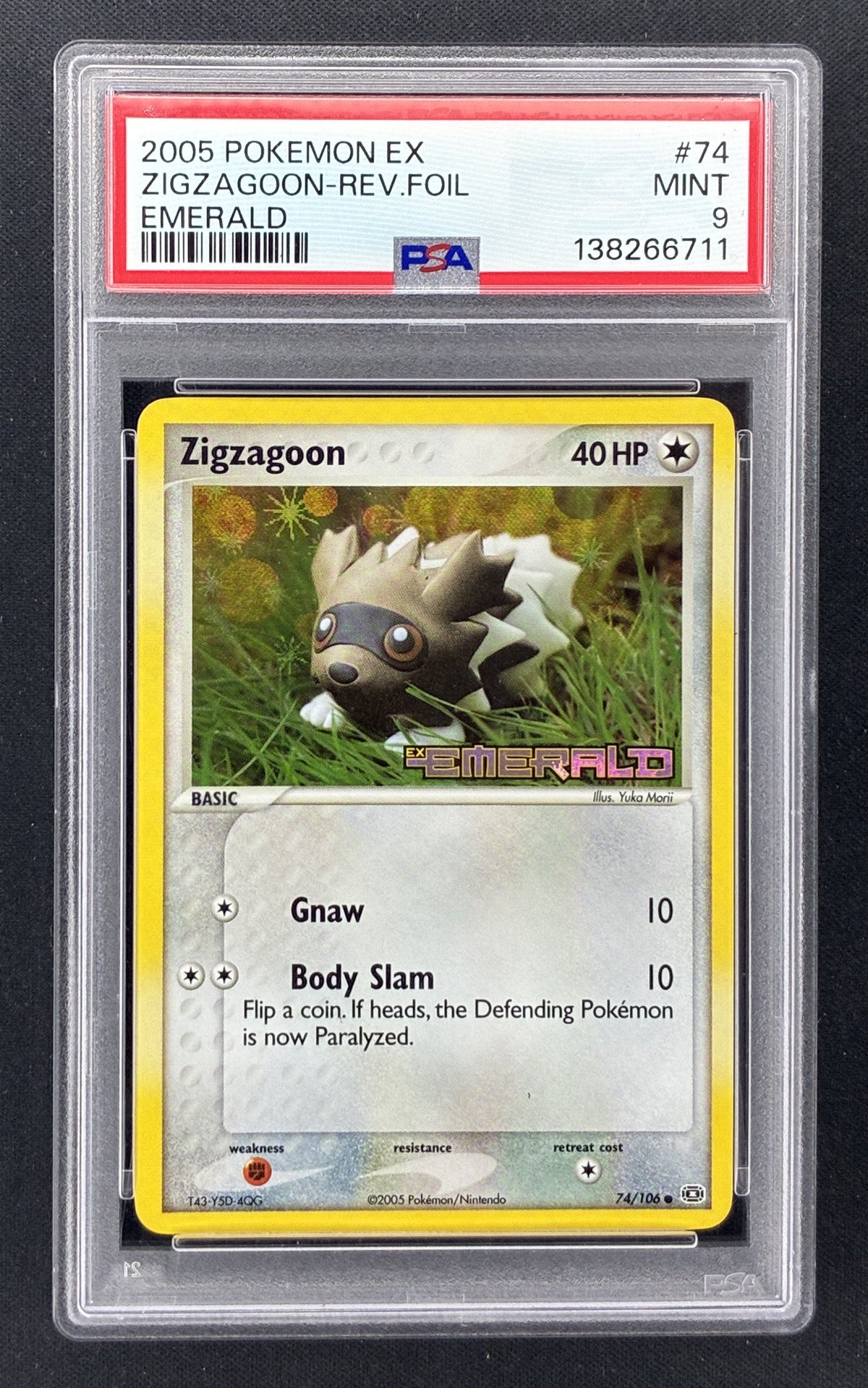 2005 Pokémon EX Emerald Zigzagoon #74/106 stamped Reverse Holo PSA 9 Mint English trading card.