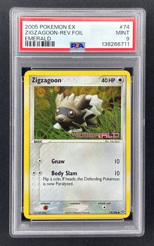 2005 Pokémon EX Emerald Zigzagoon #74/106 stamped Reverse Holo PSA 9 Mint English trading card.