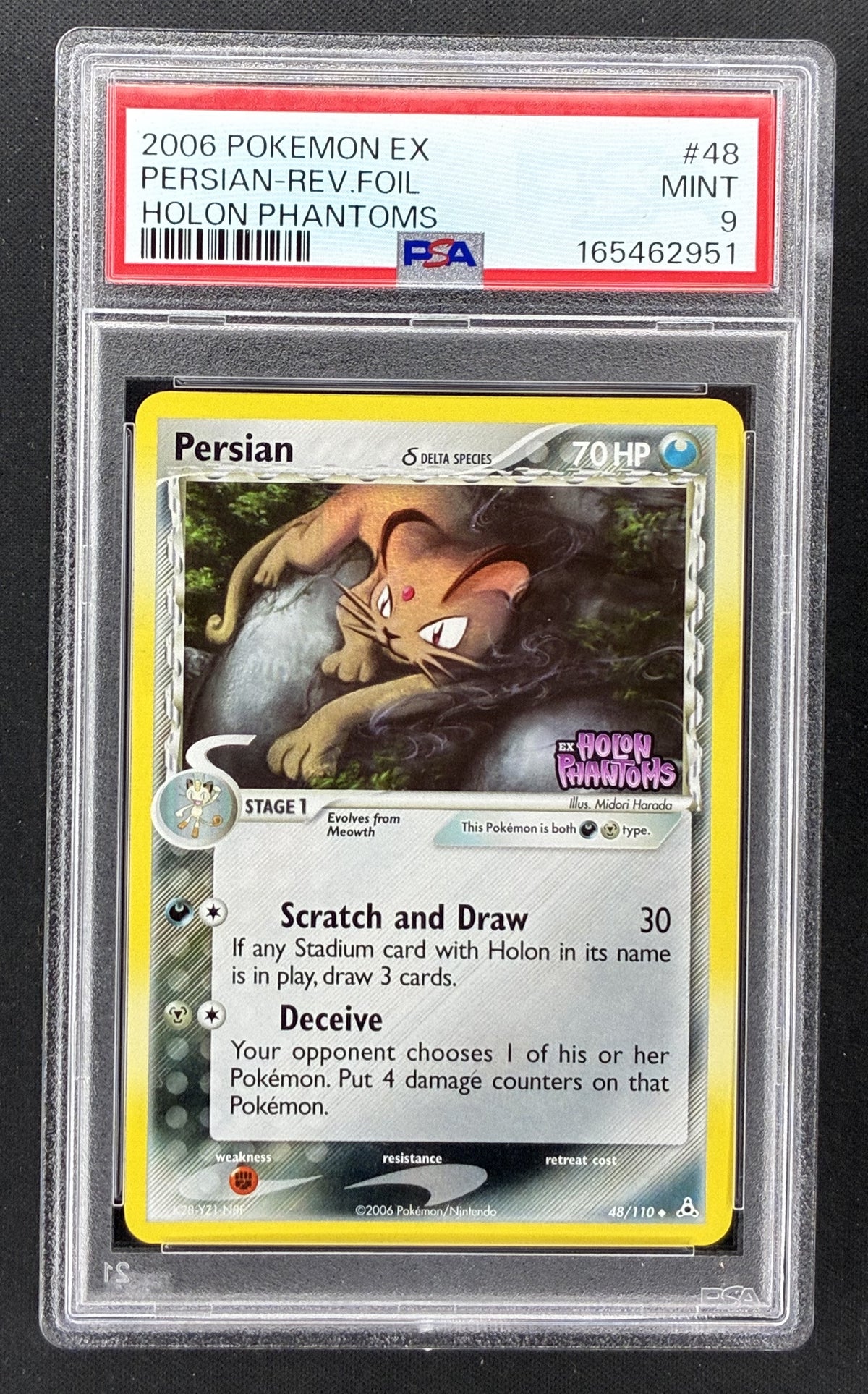 2006 Pokémon EX Holon Phantoms Persian #48/110 stamped Reverse Holo PSA 9 Mint English trading card.