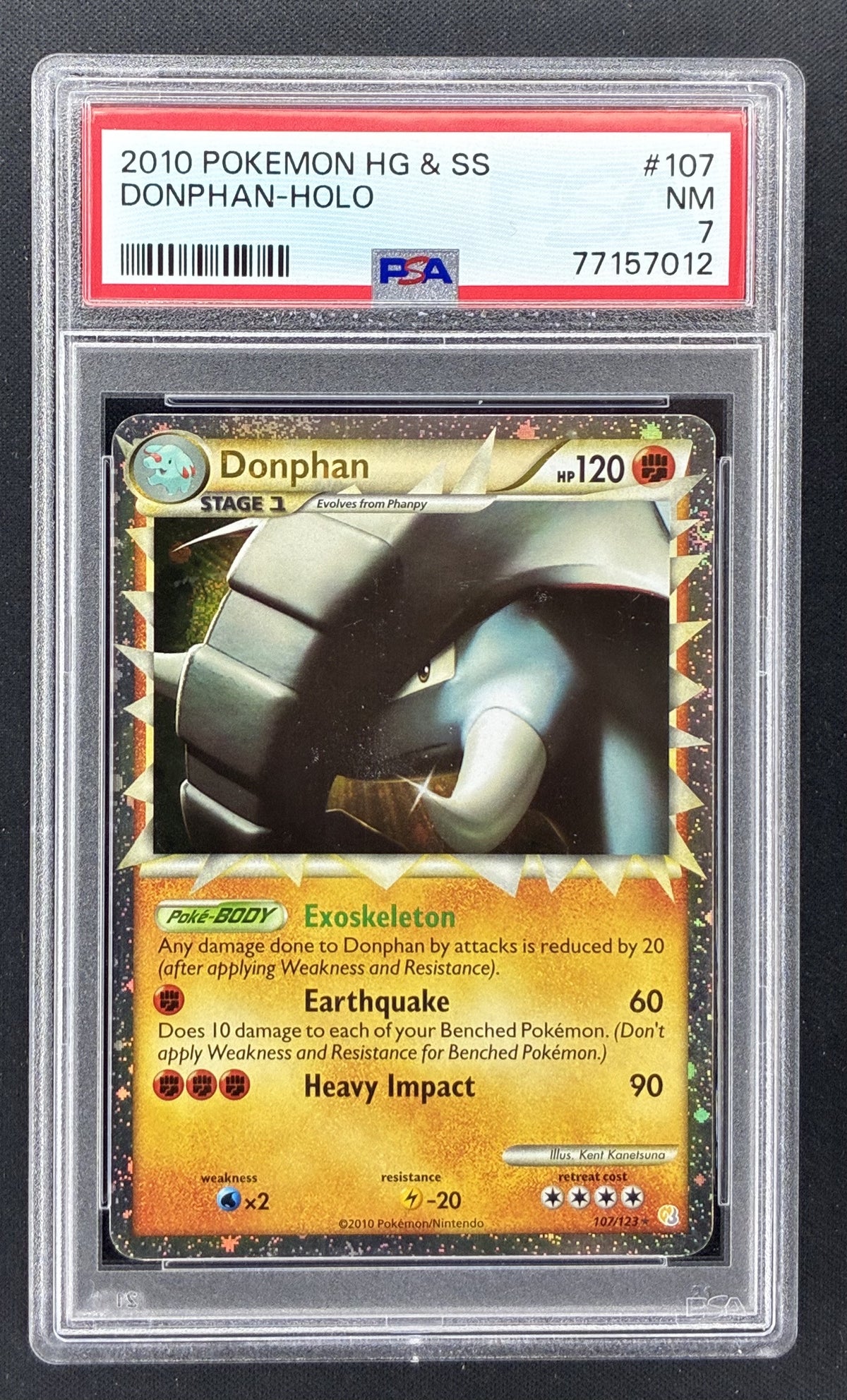 2010 Pokémon HeartGold & SoulSilver Donphan Prime Holo #107/123 PSA 7 NM English trading card.