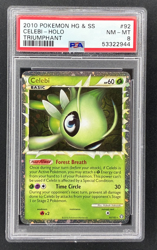 2010 Pokémon HS Triumphant Celebi Prime Holo #92/102 PSA 8 NM-MT English trading card.