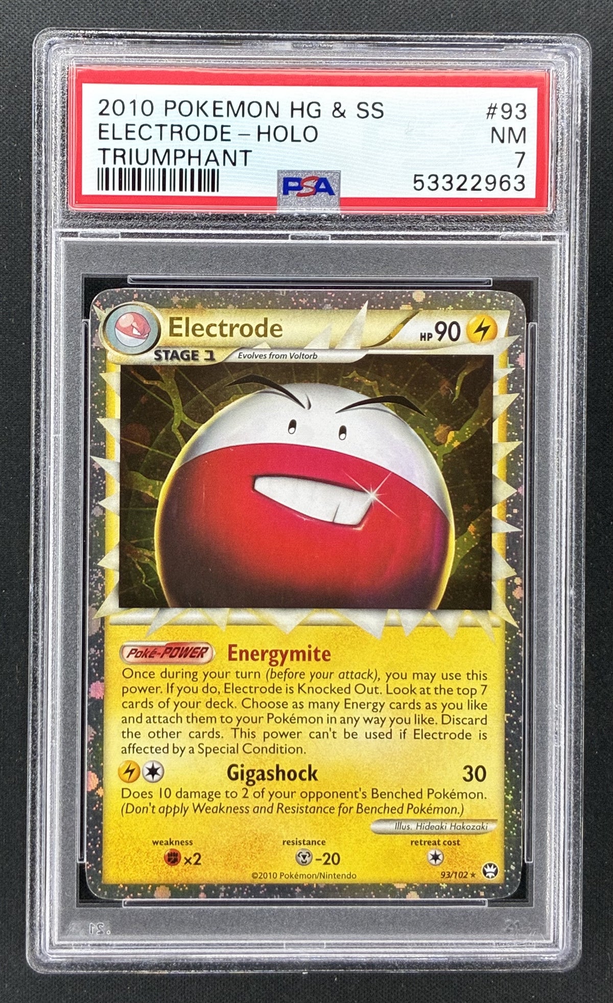 2010 Pokémon HS Triumphant Electrode Prime Holo #93/102 PSA 7 NM English trading card.