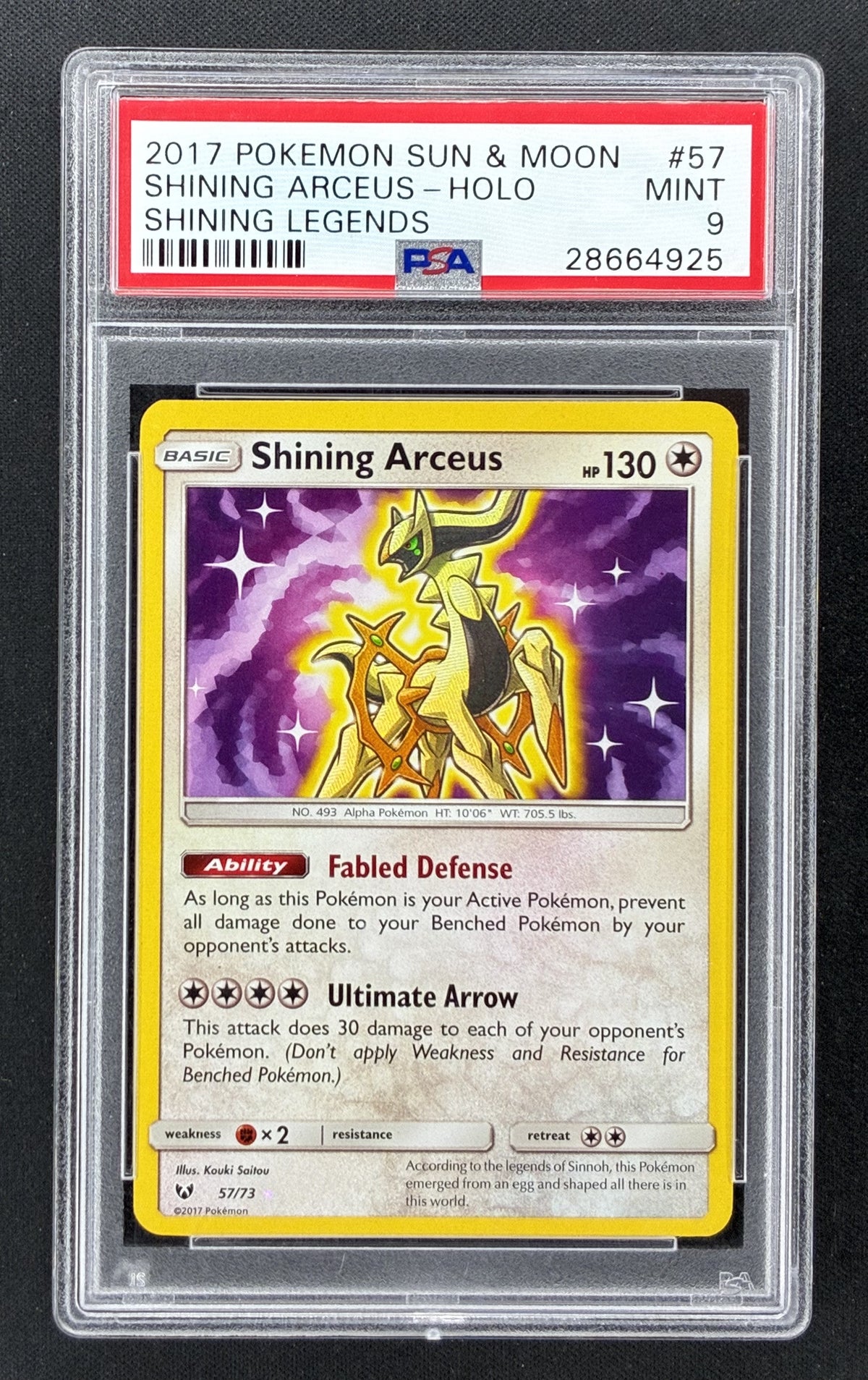 2017 Pokémon Shining Legends Shining Arceus #57/73 Holo PSA 9 Mint English trading card.